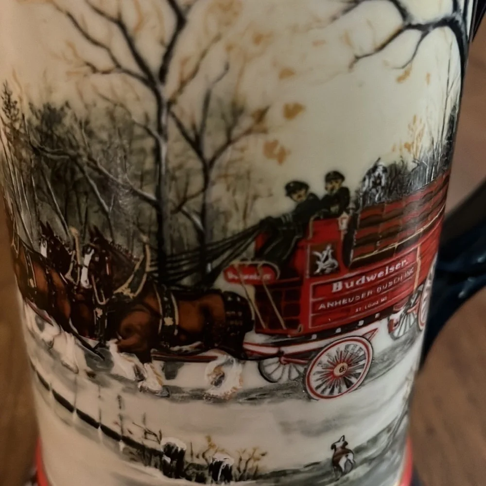 Anhueser-Busch Budweiser 1990 Christmas beer stein. The artist Susan Sampson.
